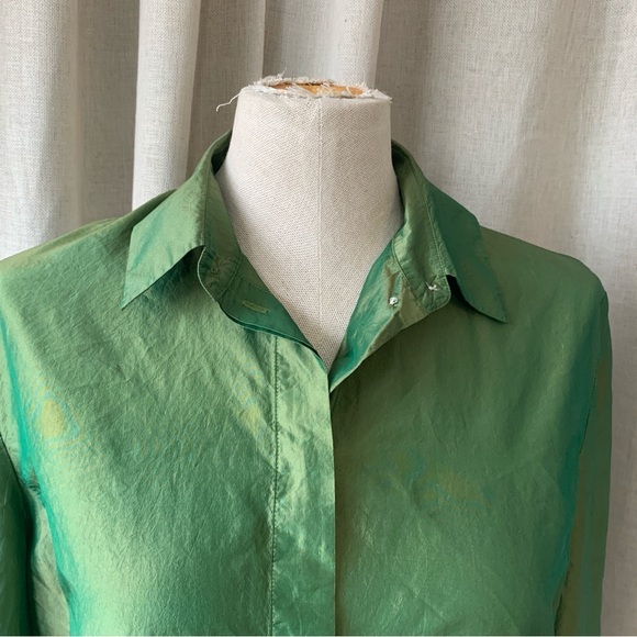 OLSEN SILK GREEN GOLD BUTTON DOWN BLOUSE S10 - Picture 4 of 8